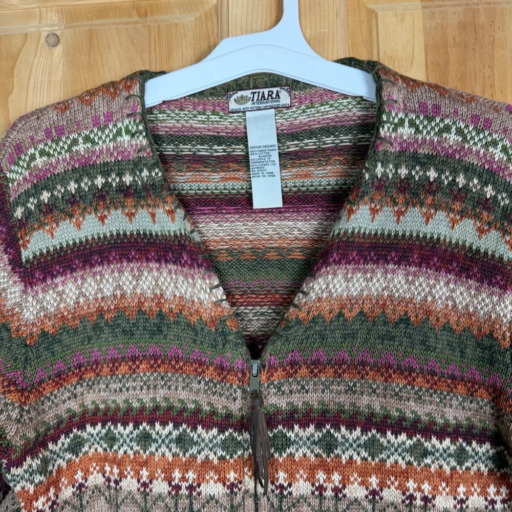 Vtg Tiara International Multi Color Zip Front Cardigan Sweater Grandmacore‎ Boho - Picture 2 of 7